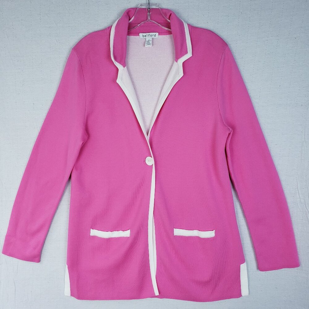 Belford Pima Cotton Knit Blazer Longline Cardigan Pink White Trim Preppy size M